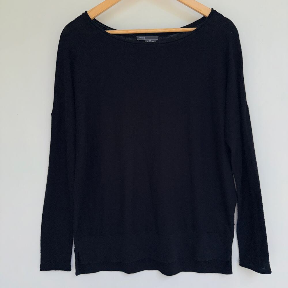 Vince Small Black Cotton Drop Shoulder Long Sleeve Top Sweater Crewneck Slouchy